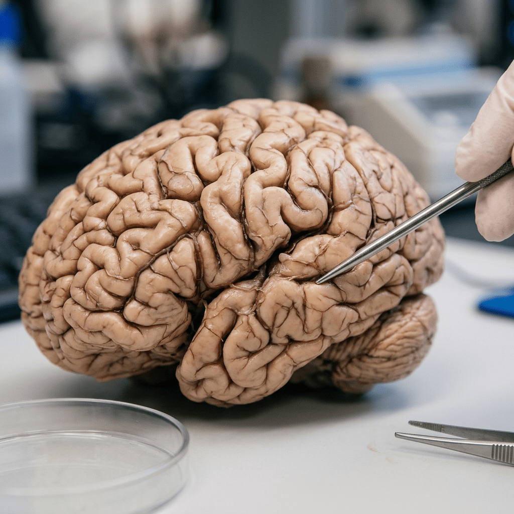 Scientist fitting EEG cap on seated woman while others work on brain imaging and data analysis
