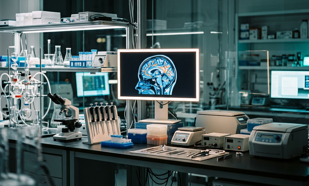 Cinematic neuroscience laboratory with illuminated brain scan